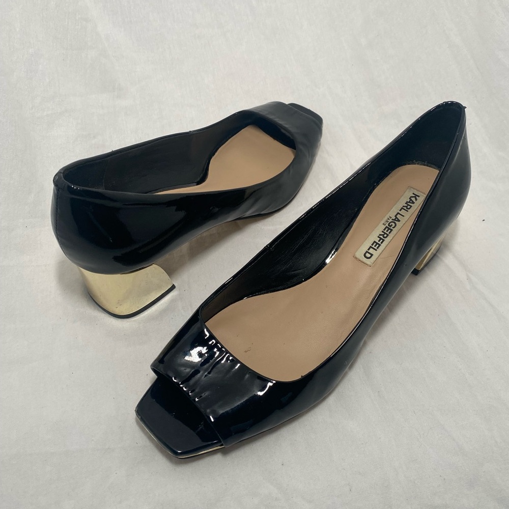 Karl Lagerfeld Leather Black Peep Toe Heels Women’s 9.5 career formal party